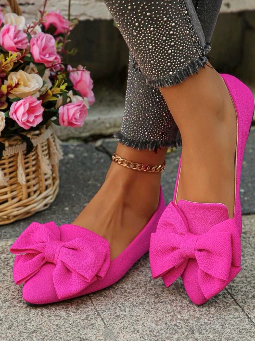 Women's Bow Detail Hot Pink Flats